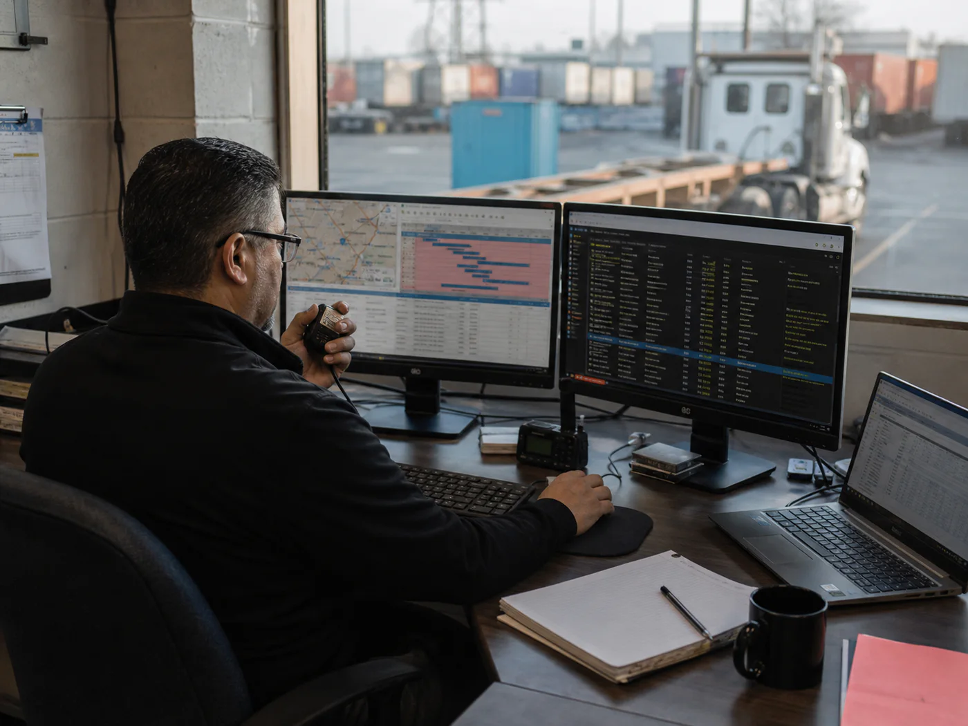 A dispatcher working at a multi-monitor freight operations desk