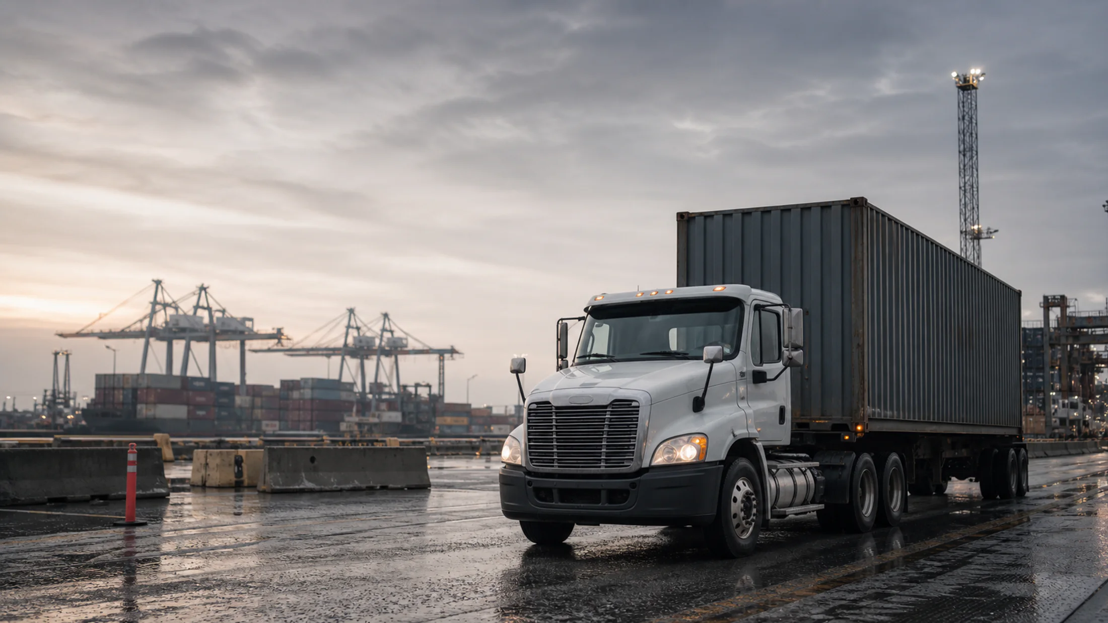 A container truck traveling through a working port at dawn